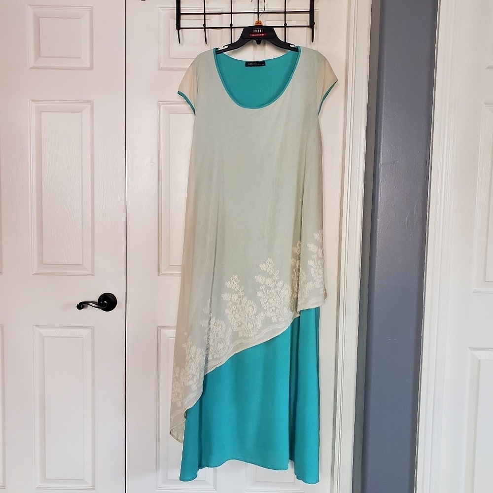 Zanzea Teal & Cream Layered Maxi Dress Embroidered Pullover Short Sleeves Sz 5X